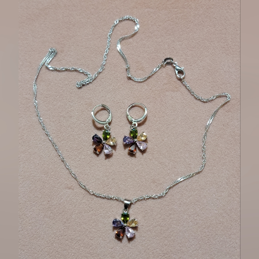 925 Sterling Silver with Colorful CZ Crystal Pendant Jewelry Set